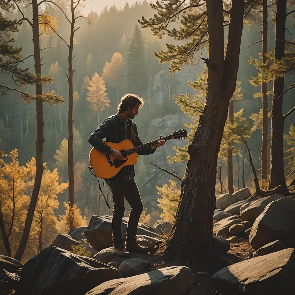 Man Plays Guitar in Misty Mountain Forest