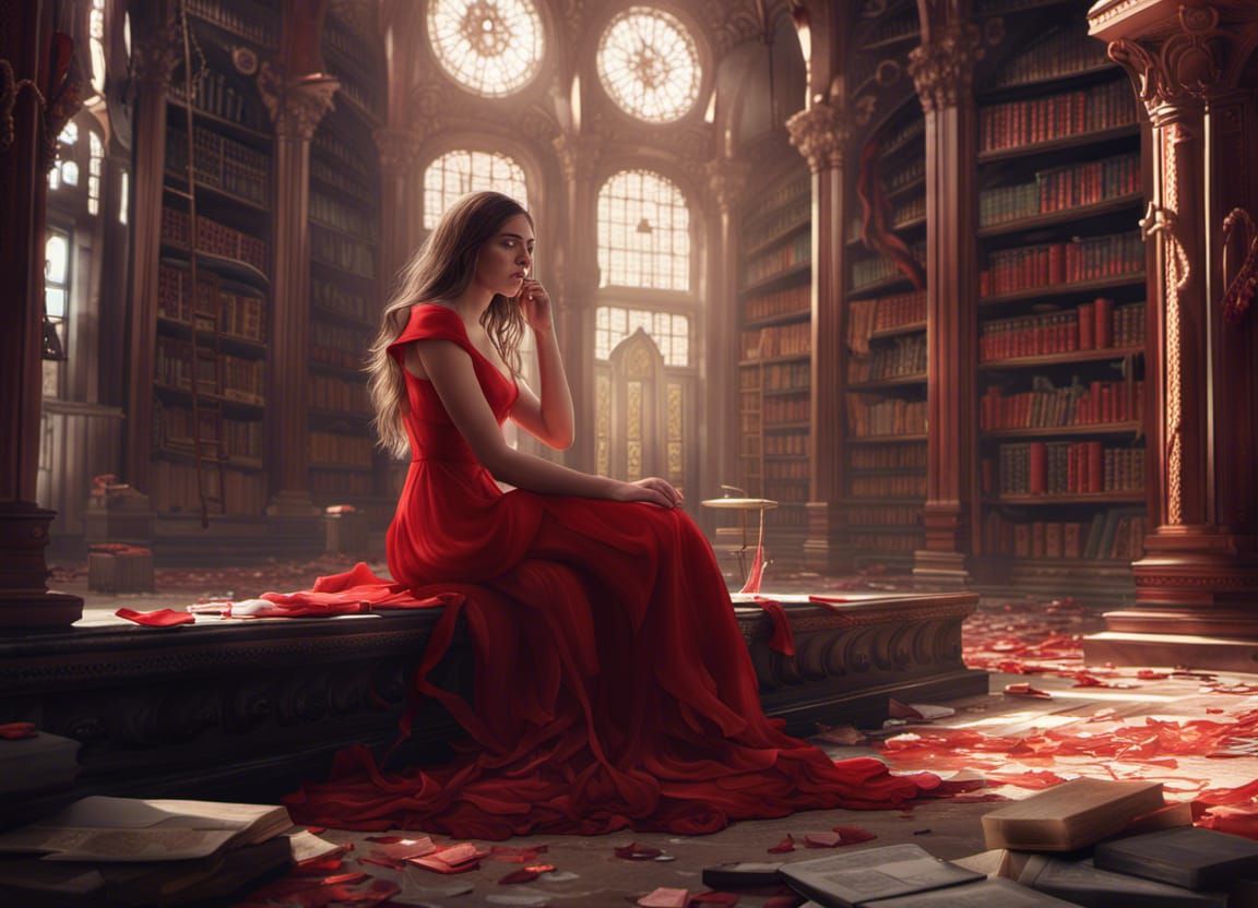 Girl Crying in Library: Fantastical Matte Painting