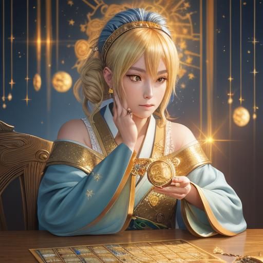 Anime Woman with Phoenix Tarot Cards and Gold