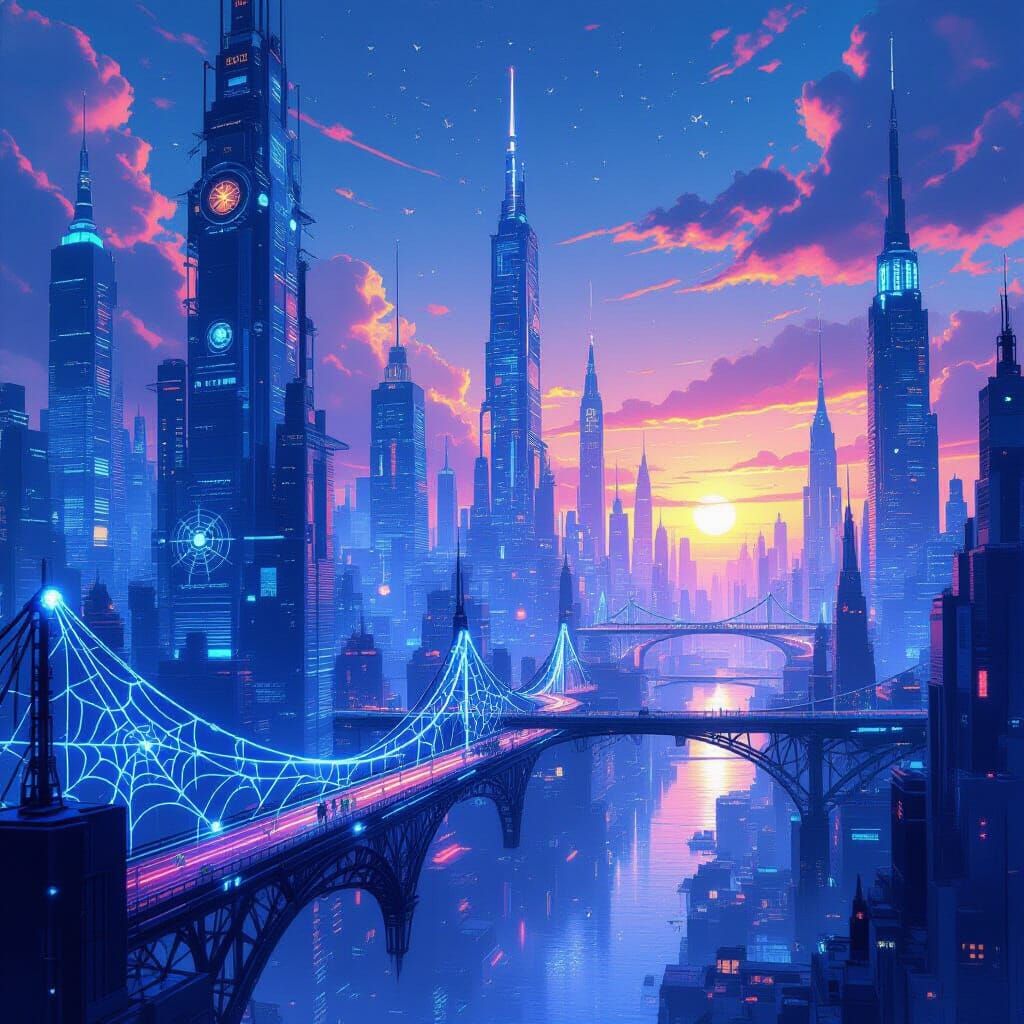 A bustling, futuristic cityscape constructed entirely from i...