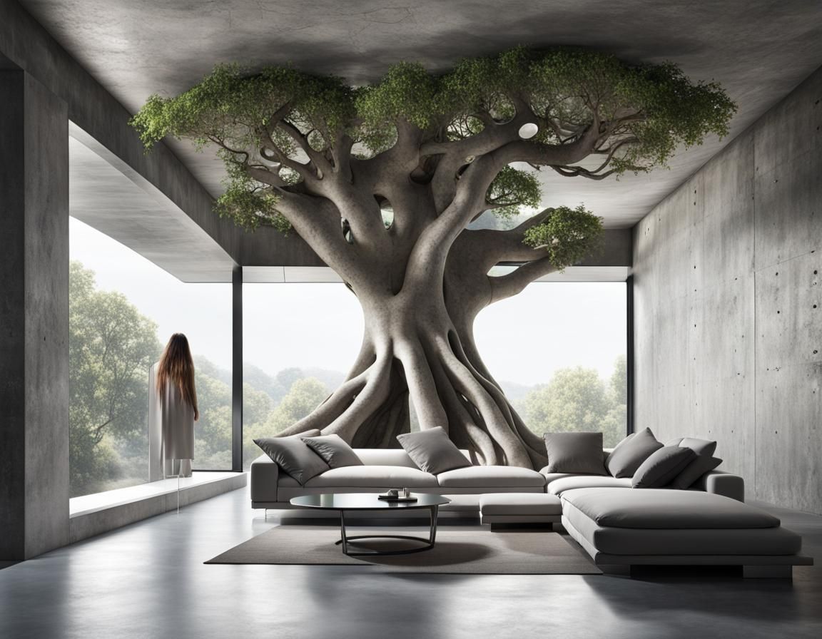 Futuristic Room with Fig Tree: Modern Interior Design