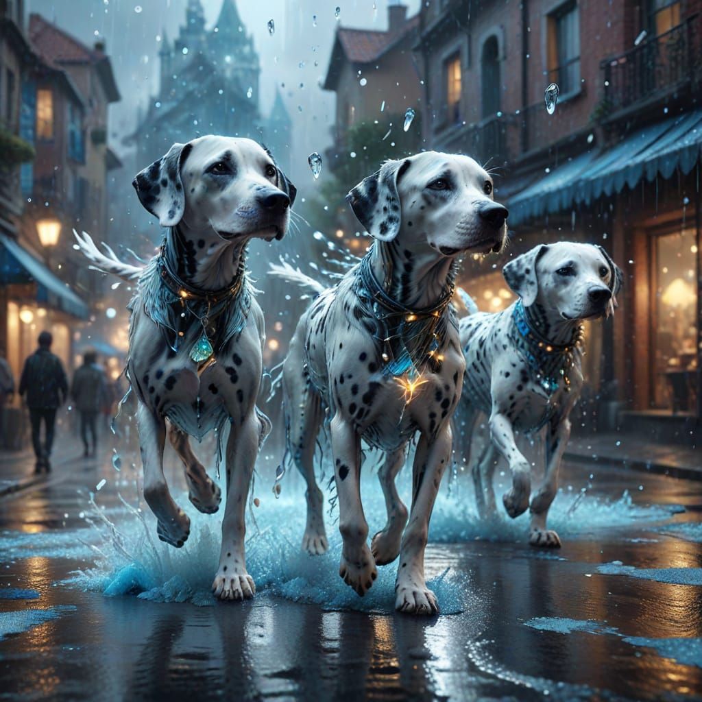 Dalmatians in Rainy City, Whimsical Digital Art