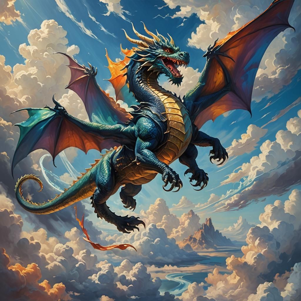 Dragon and Rider Soar in Fantasy Oil Painting