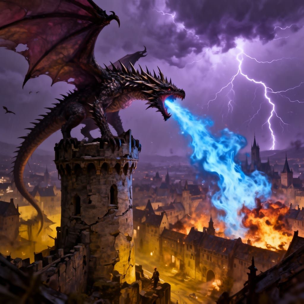 Fearsome Wyvern Attacks Medieval City with Blue Fire