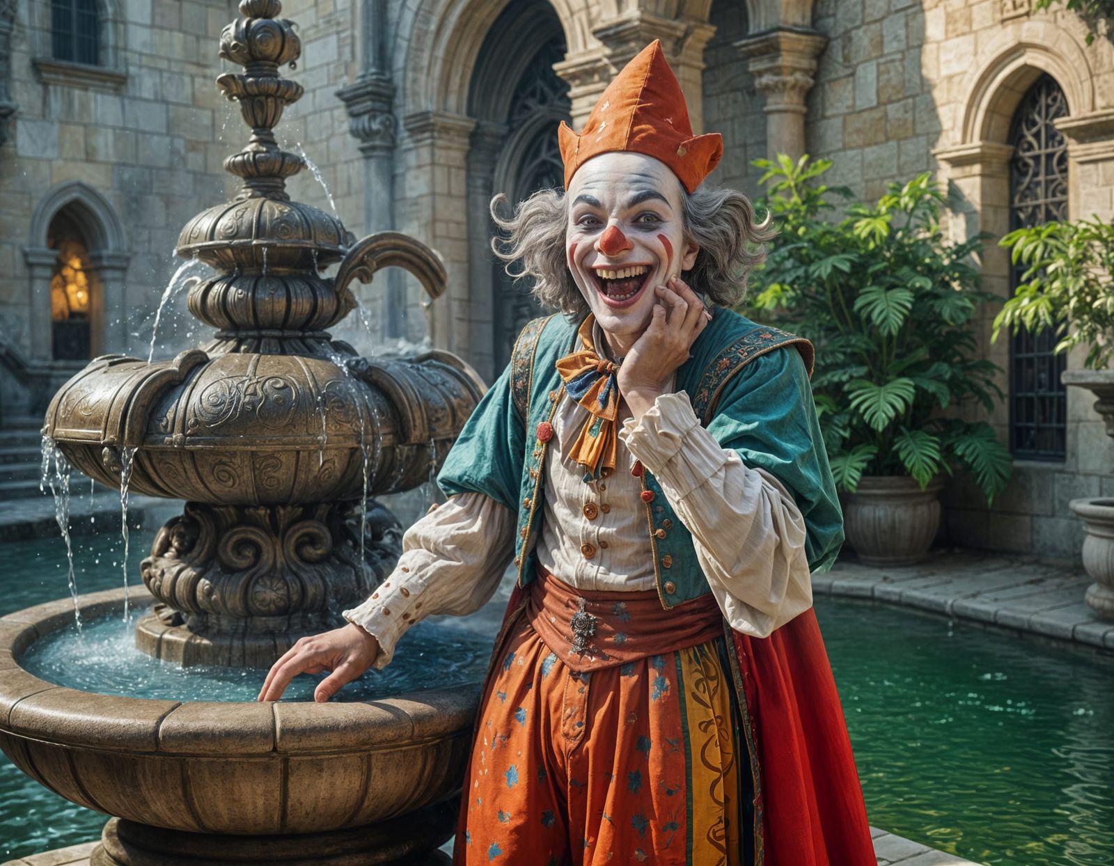 Eccentric Jester Basks in Jacobian Castle Courtyard