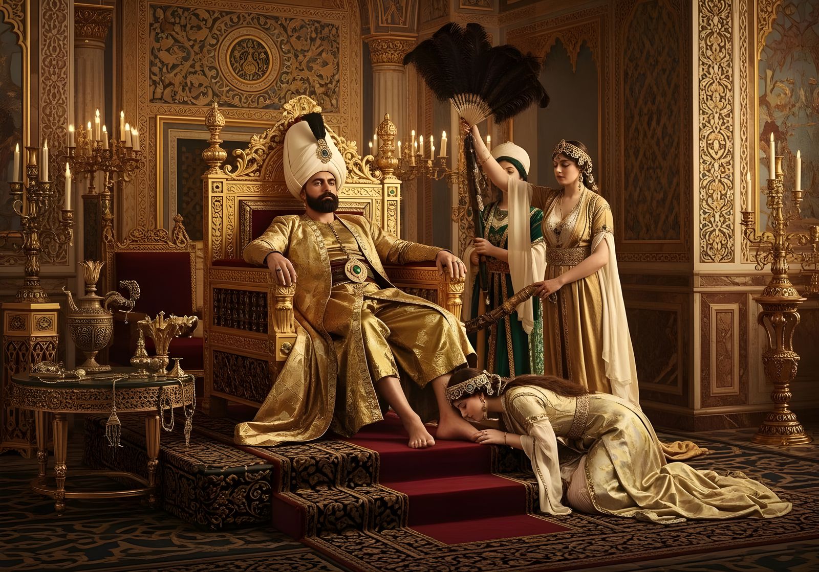 Ottoman Sultan in Opulent Harem Throne Room