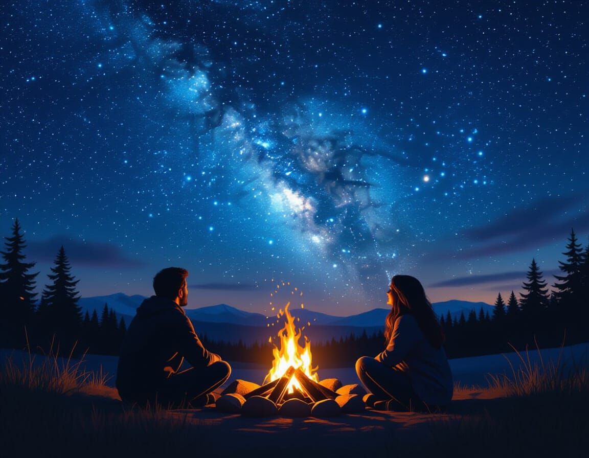 Couple Stargazing by Bonfire Under Aurora, Fantasy Art