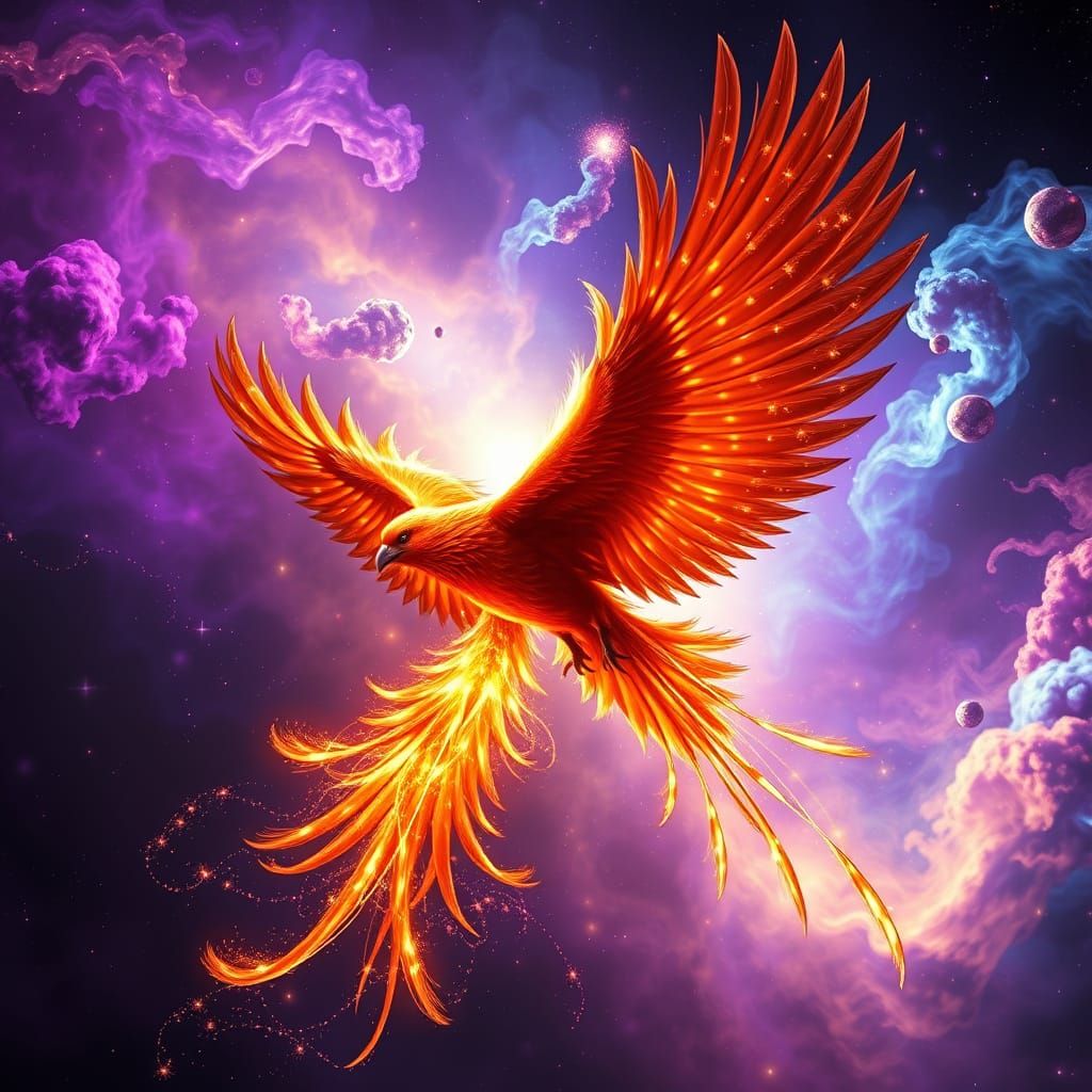 Cosmic Phoenix Soaring Through Nebula, Digital Art