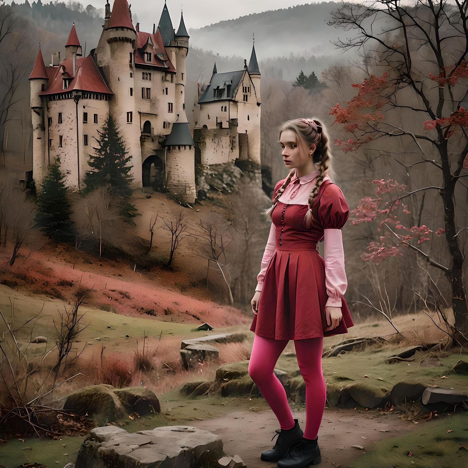 Young Witch by Old Castle in Cartoon Style