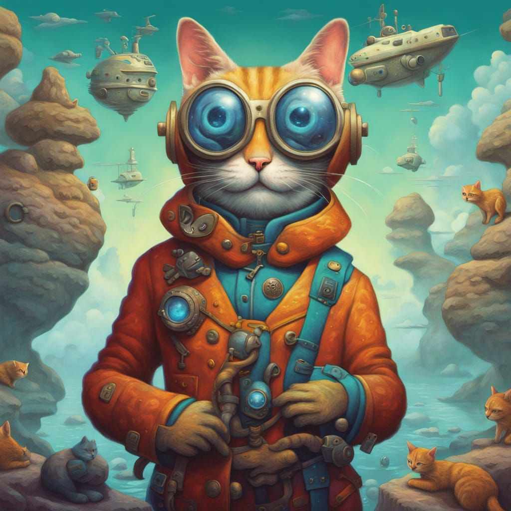 Surreal Cat Explorer with Optical Contraptions