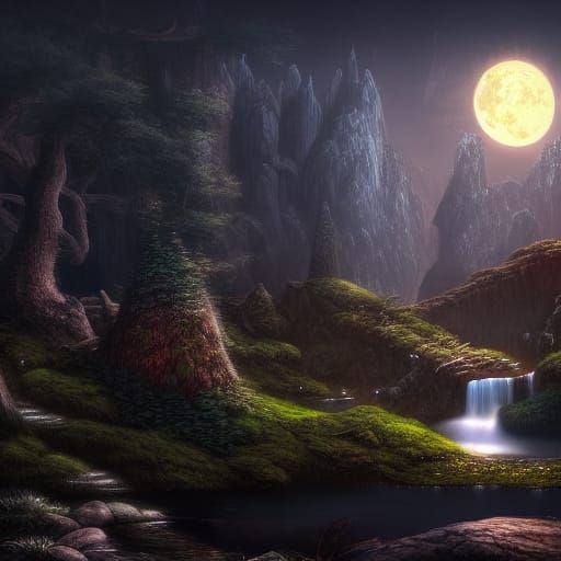 Elven Waterfall Under Full Moon: Fantasy Concept Art