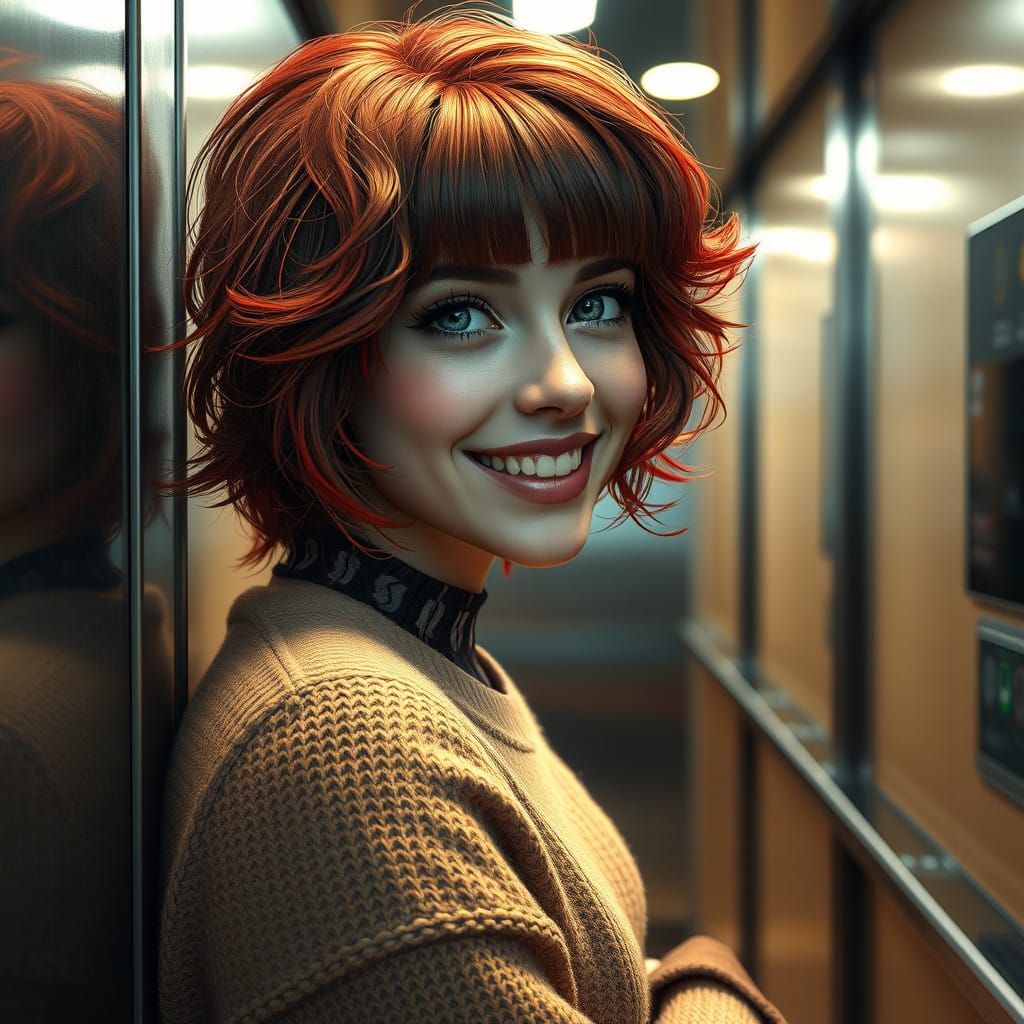A Woman Smiles in a Retro-Style Elevator Portrait