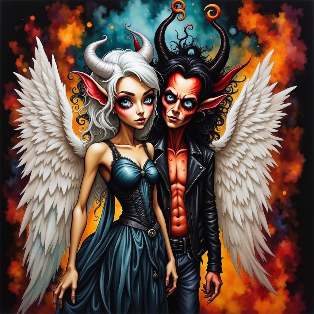 <lora:Whimsical 2:1.0> conscience duality pair of a kawii  angel in dress  and  a   demon in a leather jacket and jeans ...