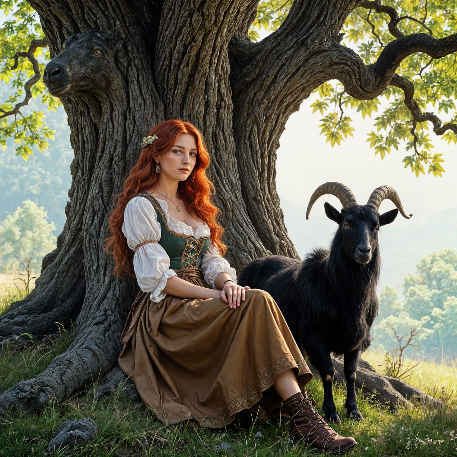 Red-Haired Maiden with Goat in Ethereal Light