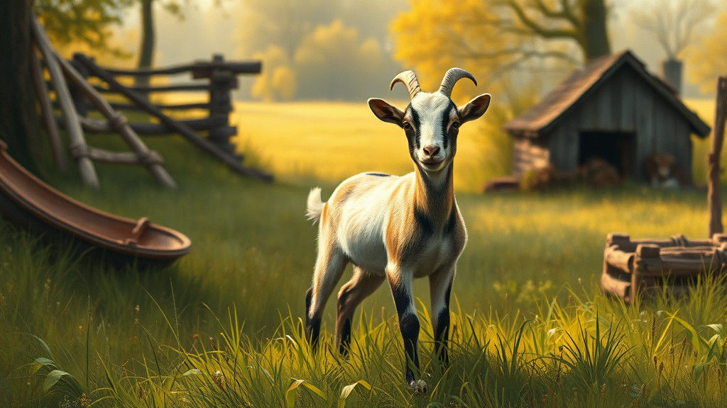 Pygmy Goat in Rural Landscape as Barbizon Painting