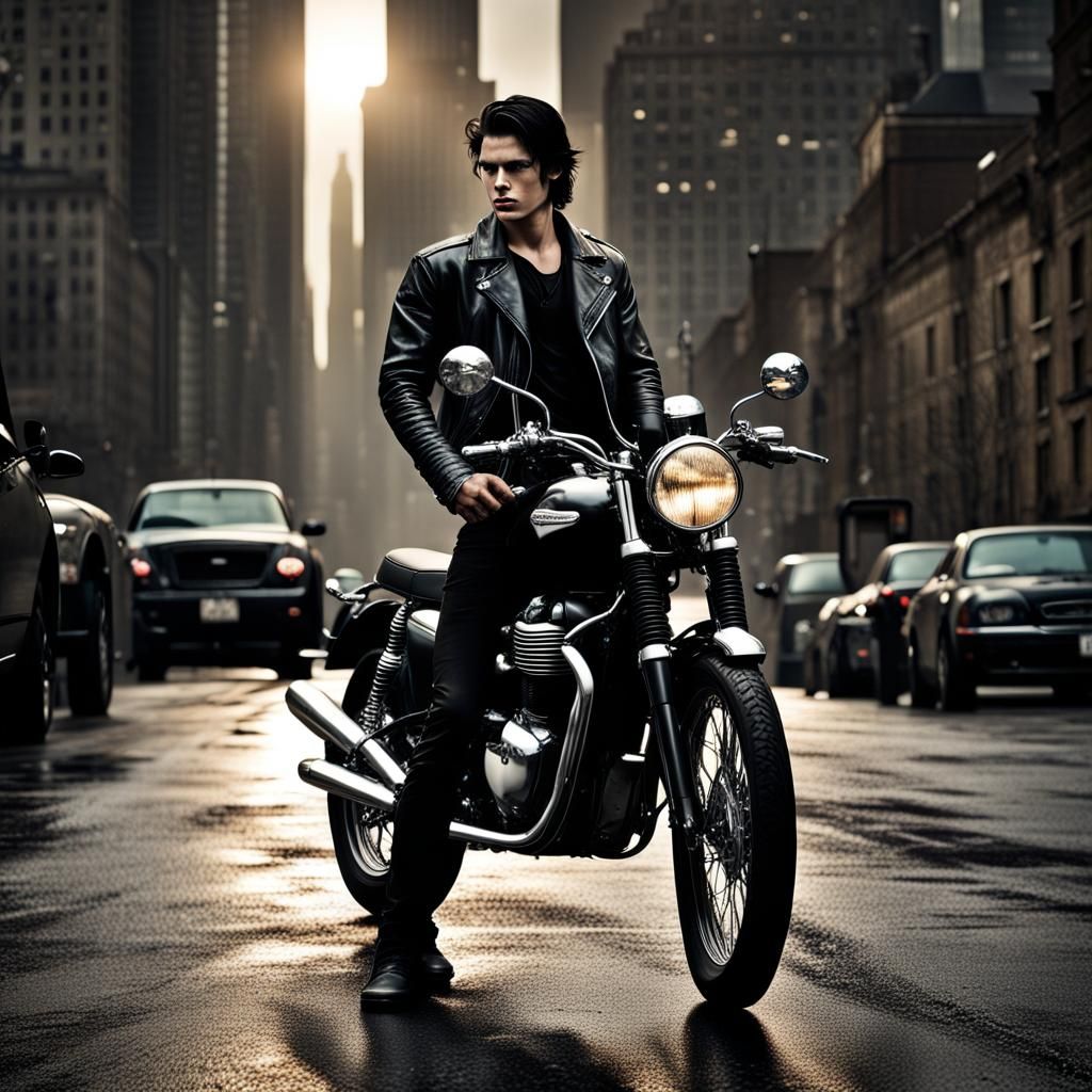 Handsome Man with Motorcycle in Gotham Style