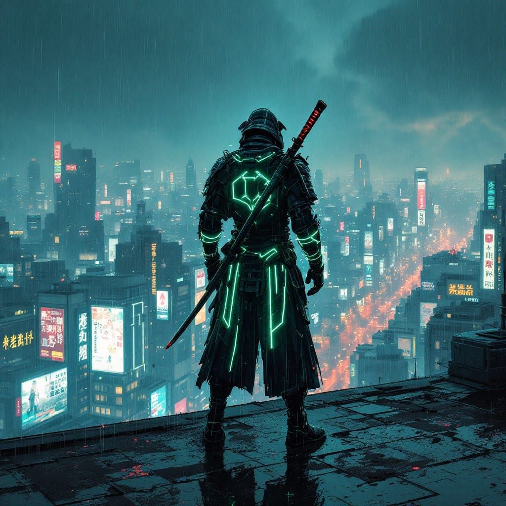 Cyberpunk Samurai in Neon Cityscape