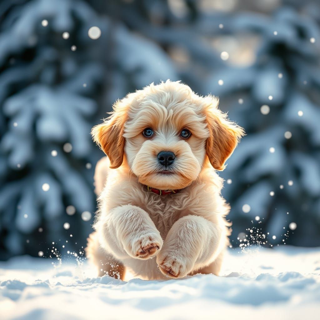 Playful Labradoodle Puppy Catches Snowflakes in Winter Wonde...