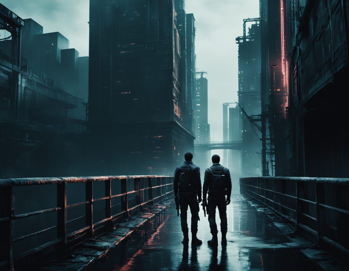 Cyberpunk Man Confronts Cyborgs on Wet Bridge