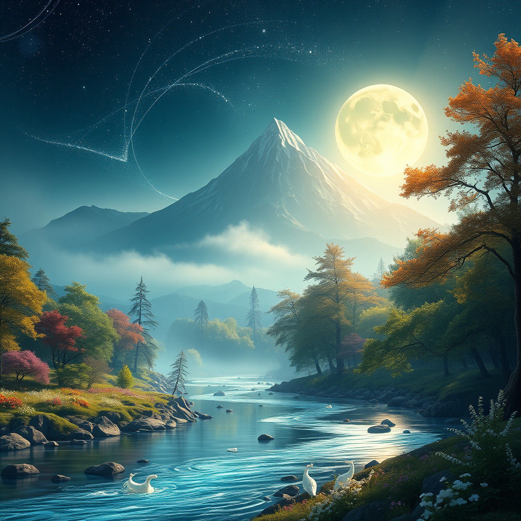 Majestic Mountain Landscape with River and Starry Sky