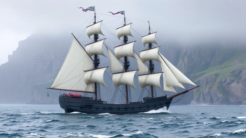 Vessel Navigates Treacherous Waters near a Jagged Coastline ...