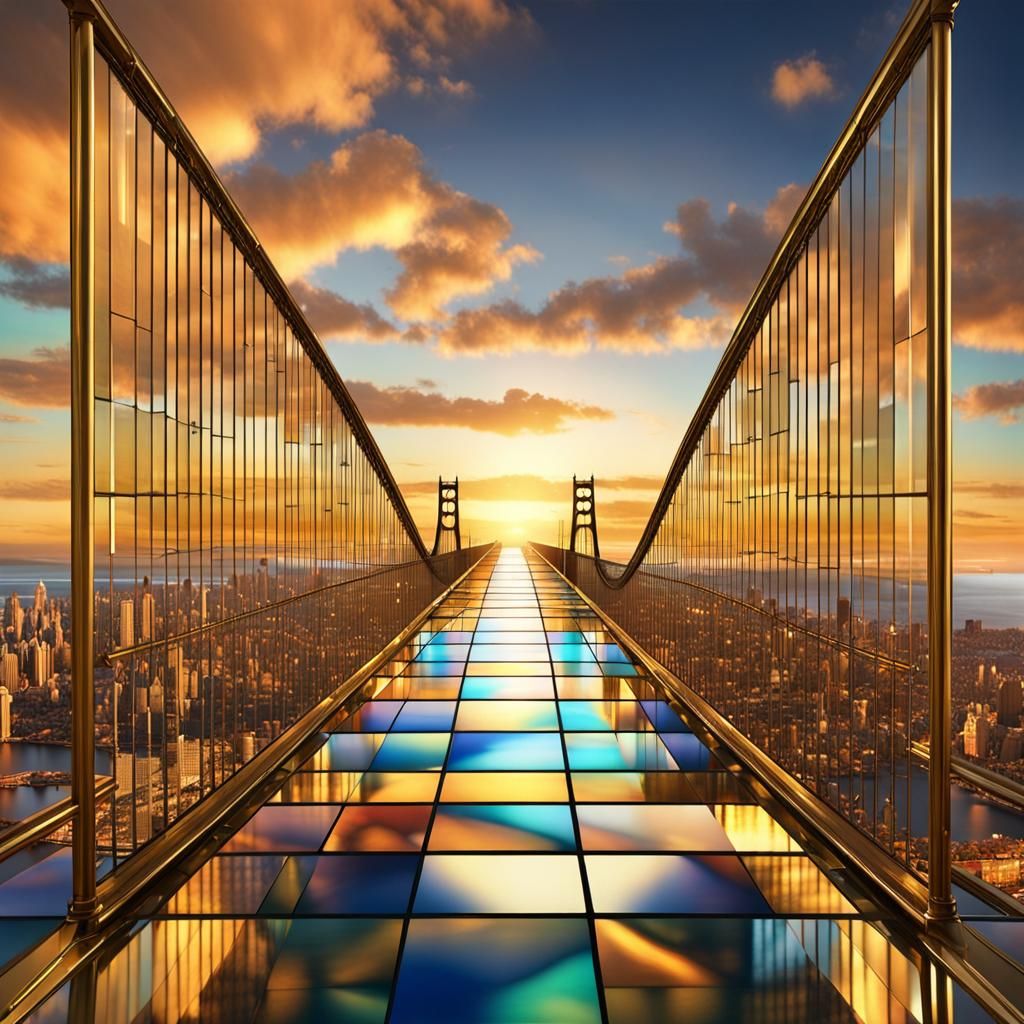 Stained Glass Bridge Over Ocean at Golden Hour