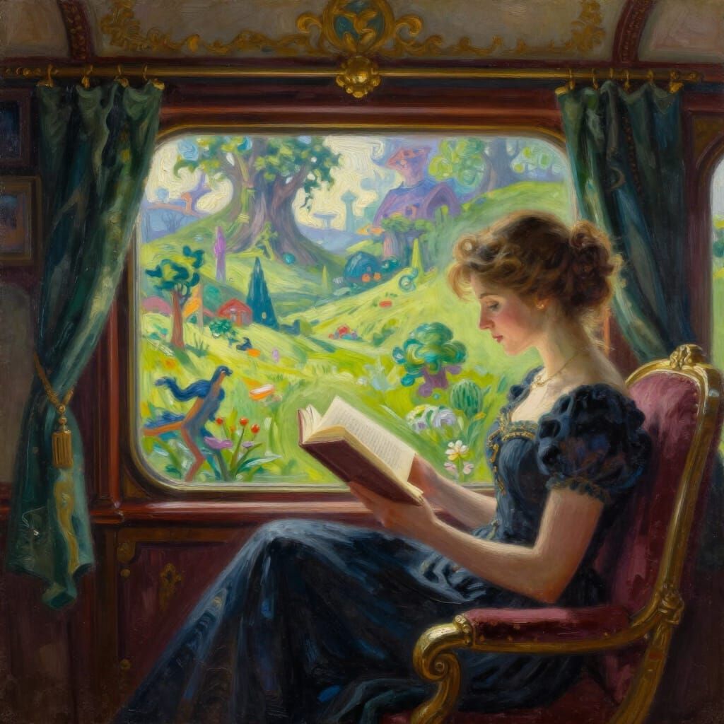 Woman Reading on Regal Train Journey Through Fantasy Landsca...