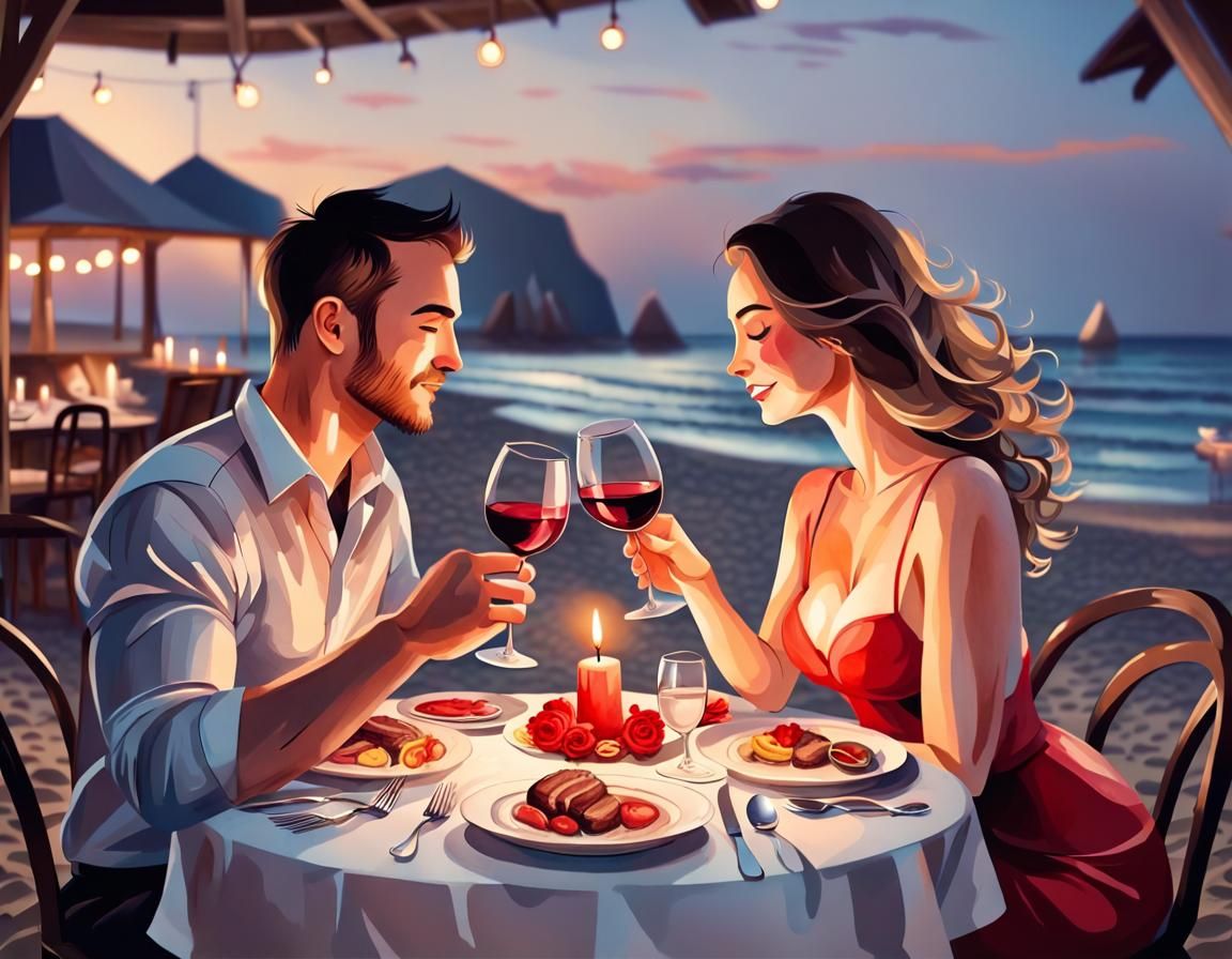 Romantic Beach Dinner Watercolor Painting