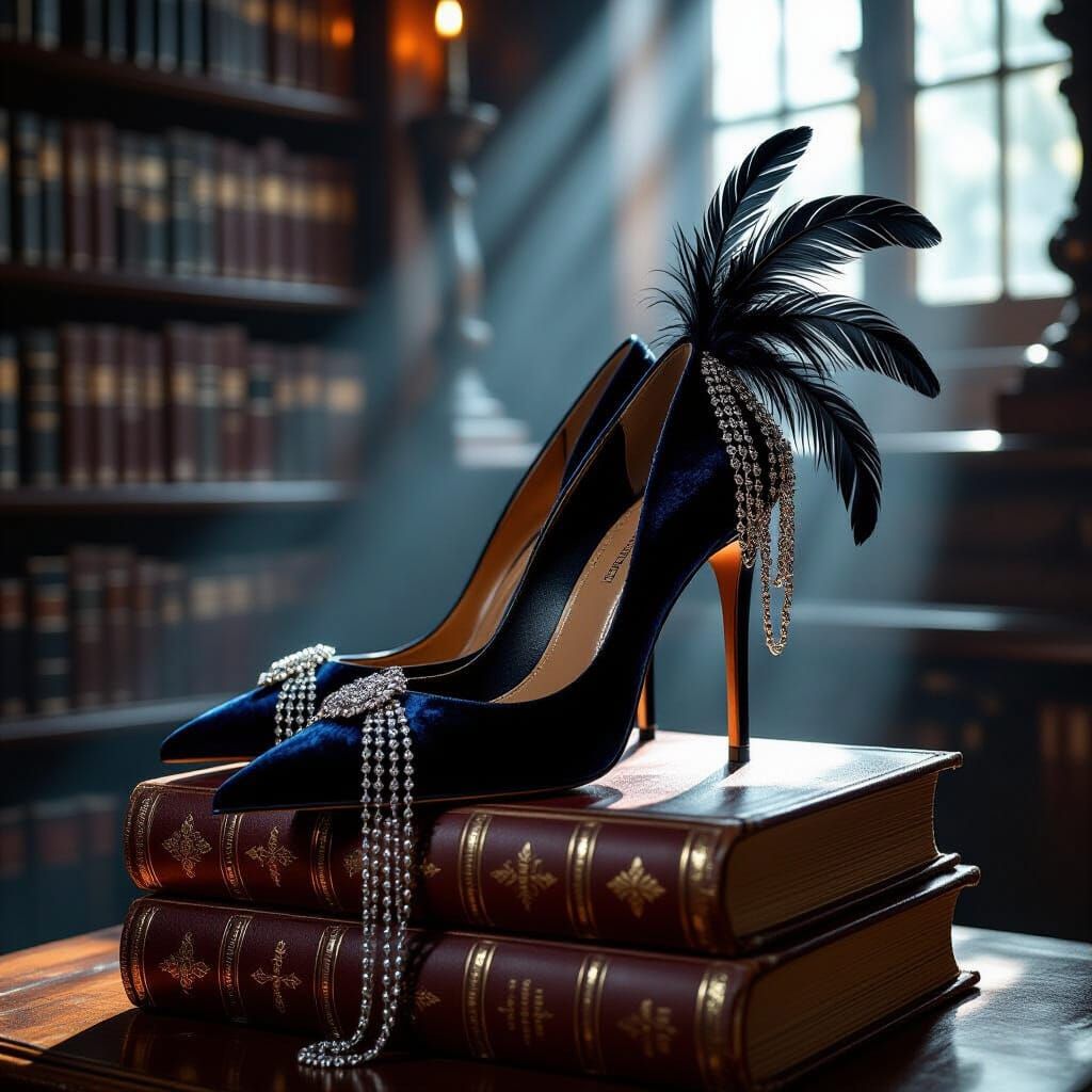 Velvet High Heels with Chains and Feathers on Ancient Books