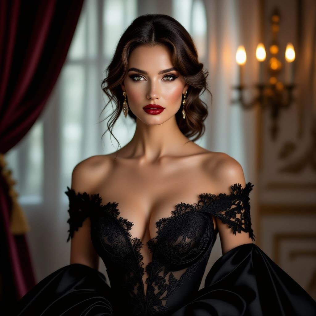 Elegant Woman in Luxurious Black Gown, Gothic Sophistication