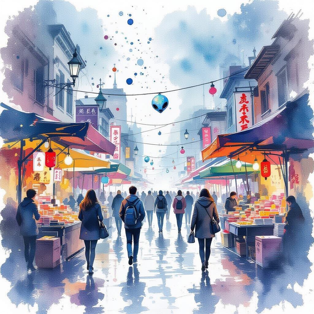 Bustling Alien Street Market in Watercolor Style