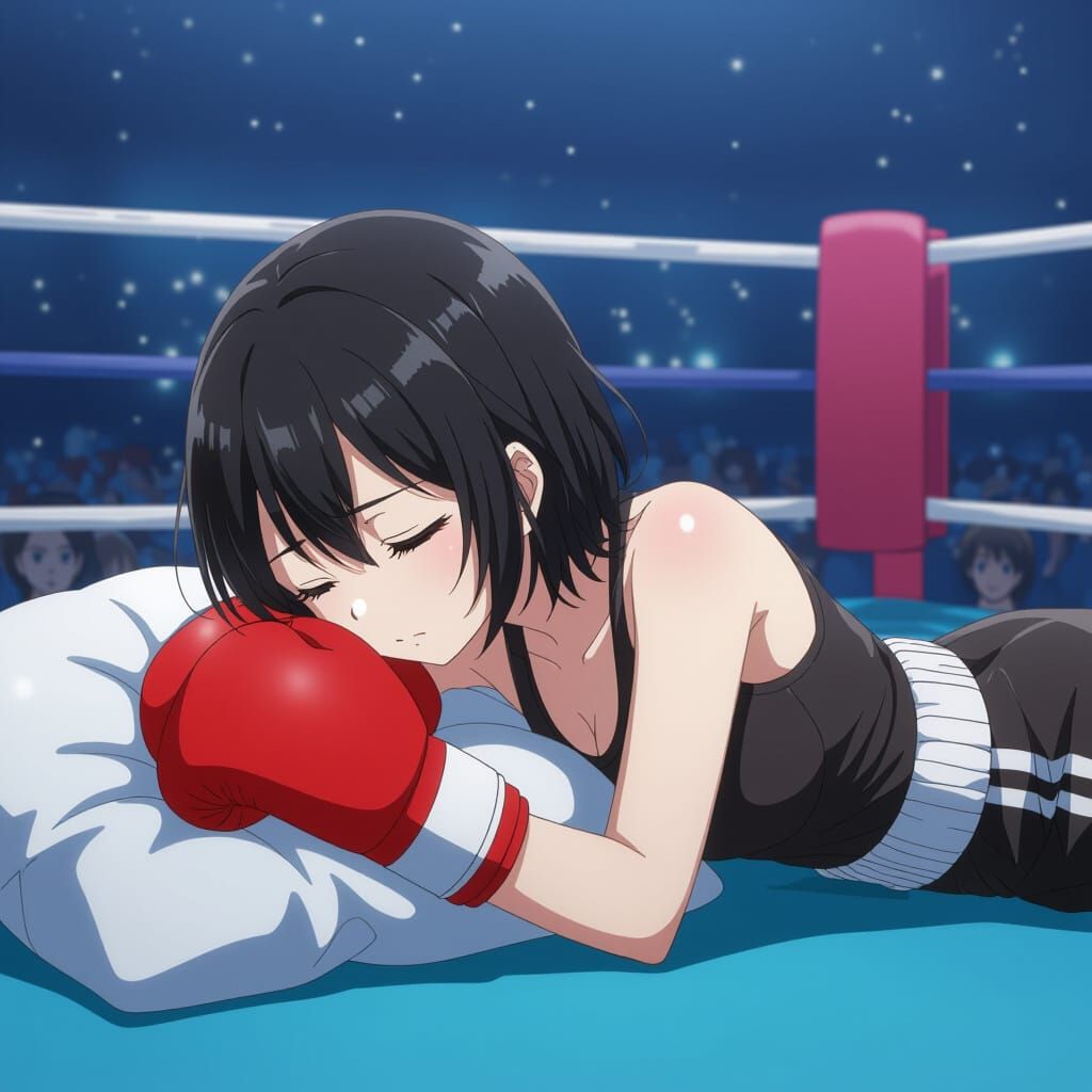 Anime Boxer Sleeping in Ring at Night