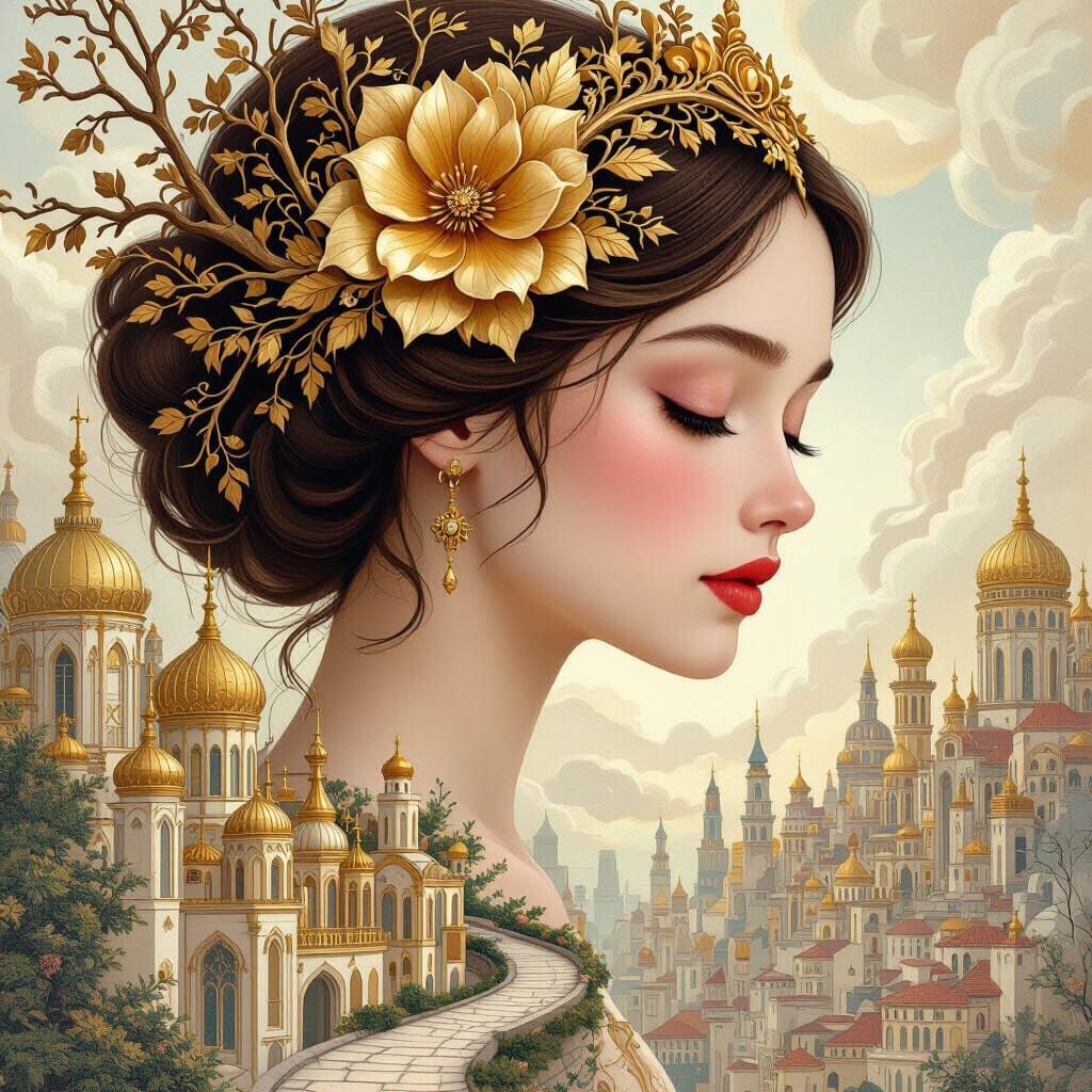 Ethereal Woman in Fantastical Cityscape, Golden Headpiece