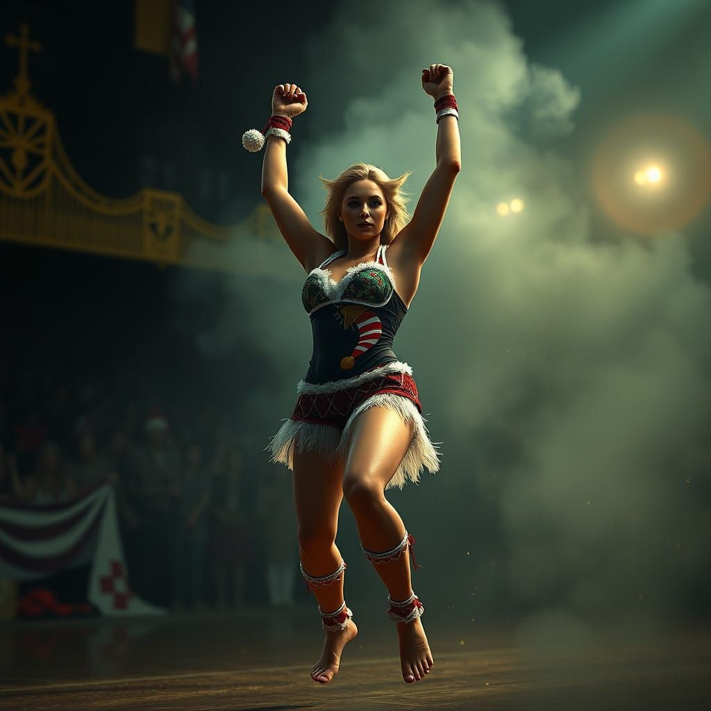 Surreal Female Wrestler Dazzles in Vibrant Christmas Attire