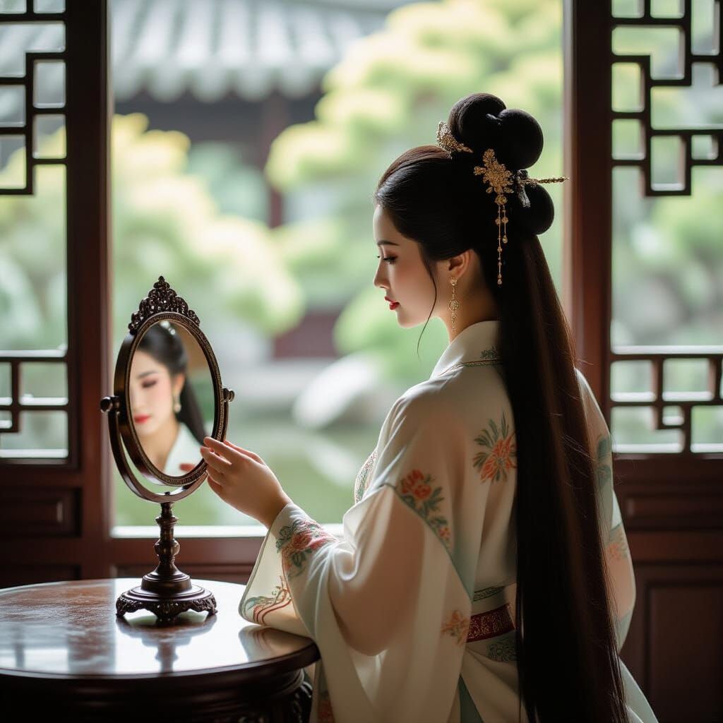 Ancient Chinese Woman Combing Hair in Soft Light