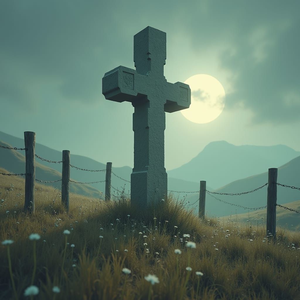 Moonlit Stone Cross in Dreamy Meadow