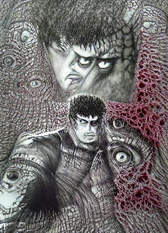 Berserk Guts: Stipple Lithograph in Junji Ito Style