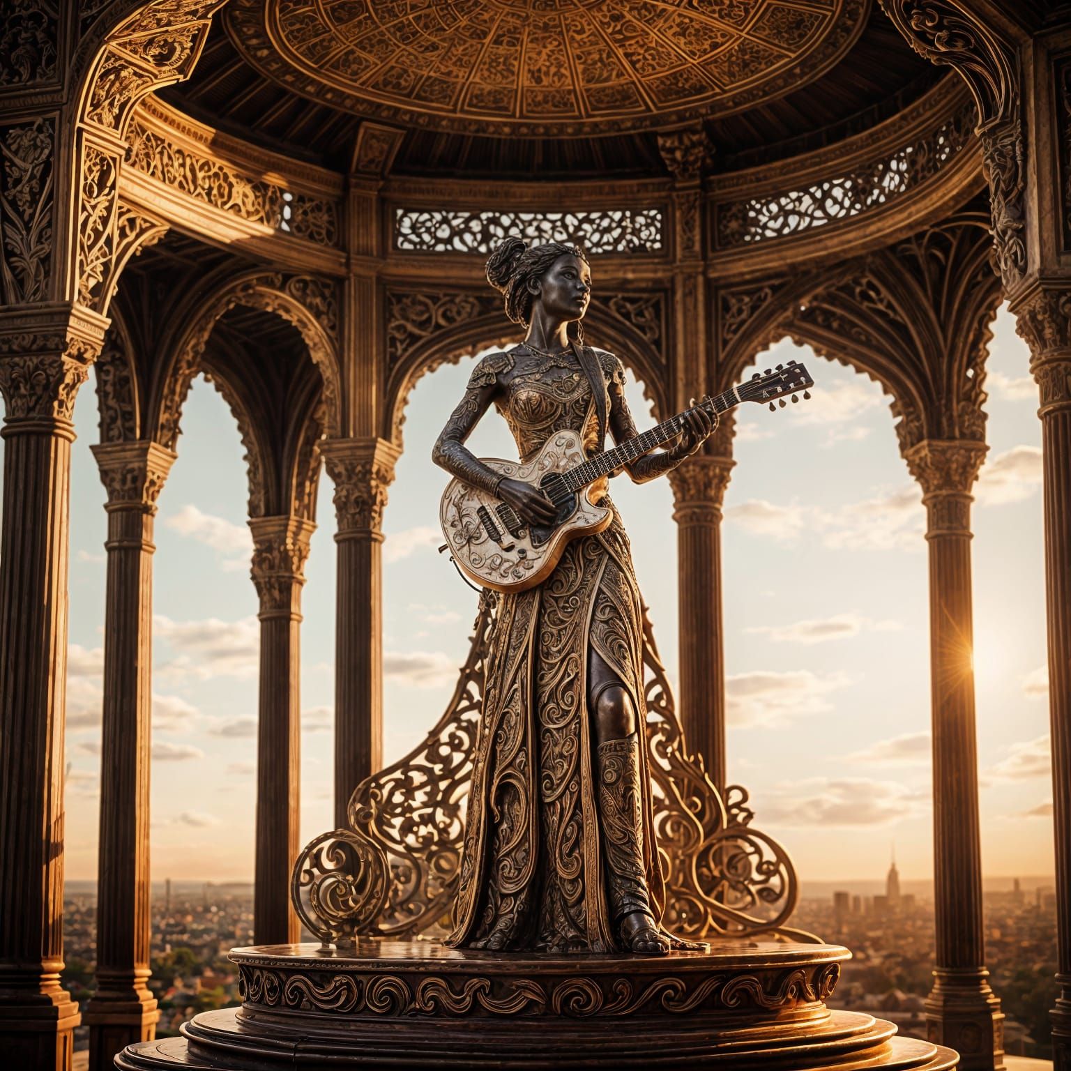 Antique Carved Wooden Statue of Guitarist