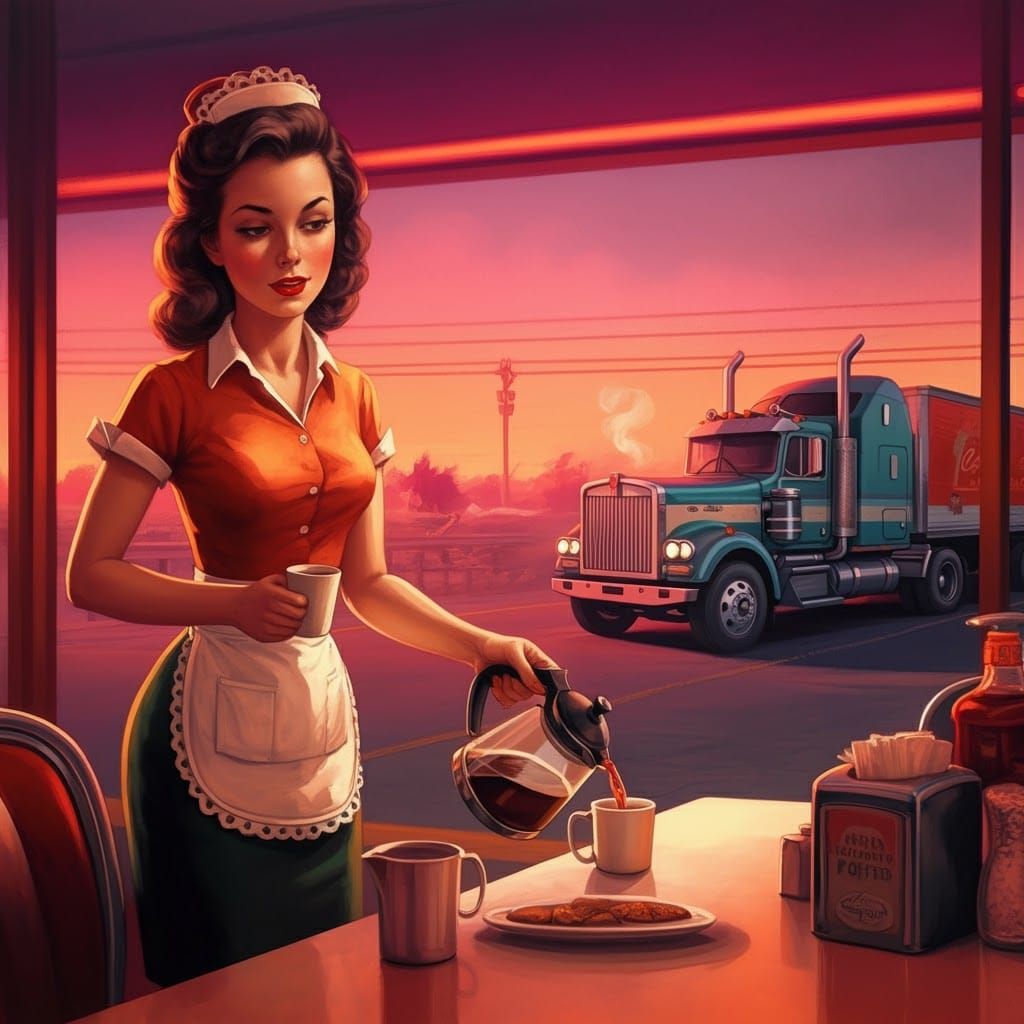 Retro Diner Waitress Pouring Coffee at Dawn