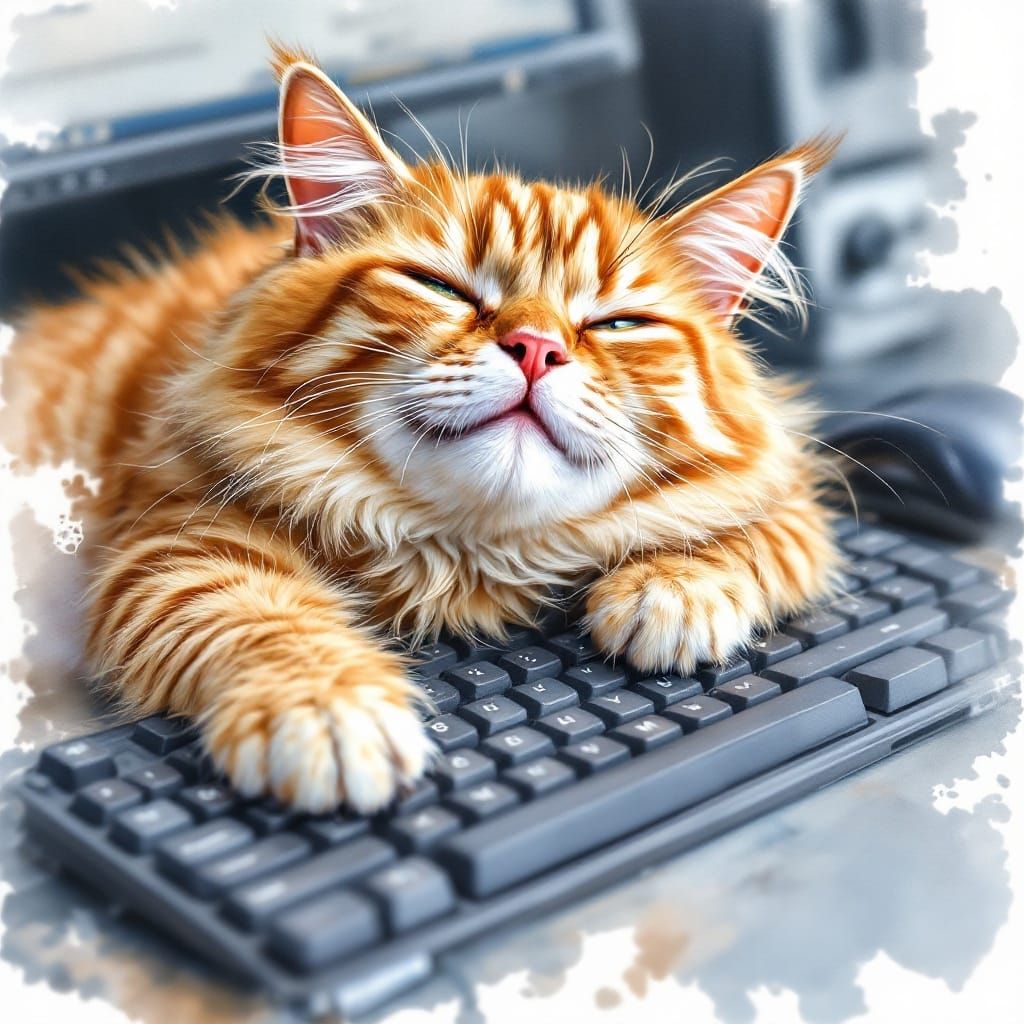 Whimsical Watercolor Cat on Keyboard Delight