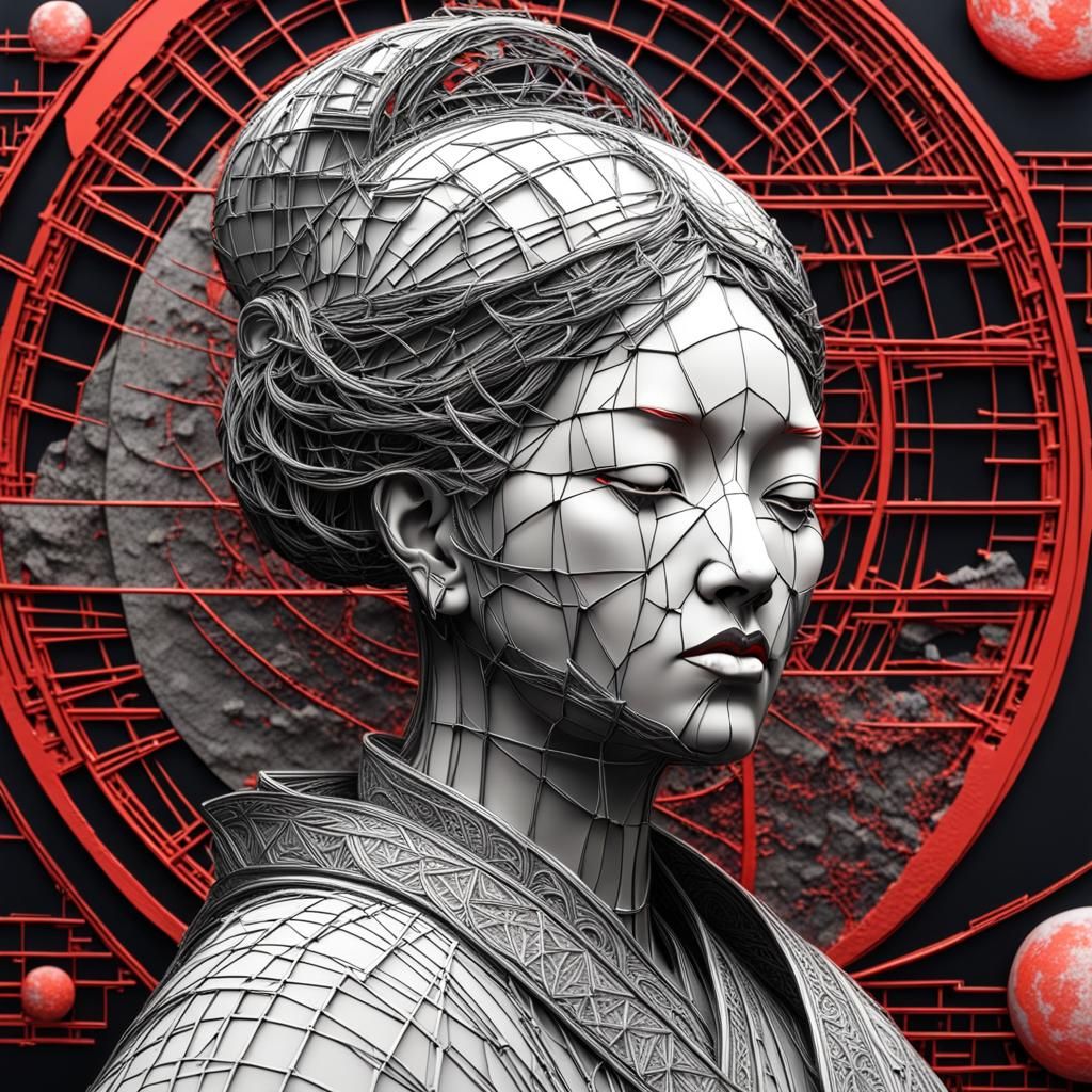 Sad Woman with Fragmented Moon in Wireframe Style