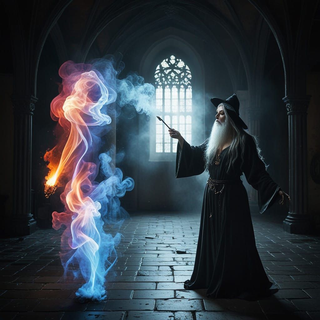 Ethereal Woman Conjured by a Wizard in a Dimly Lit Hall