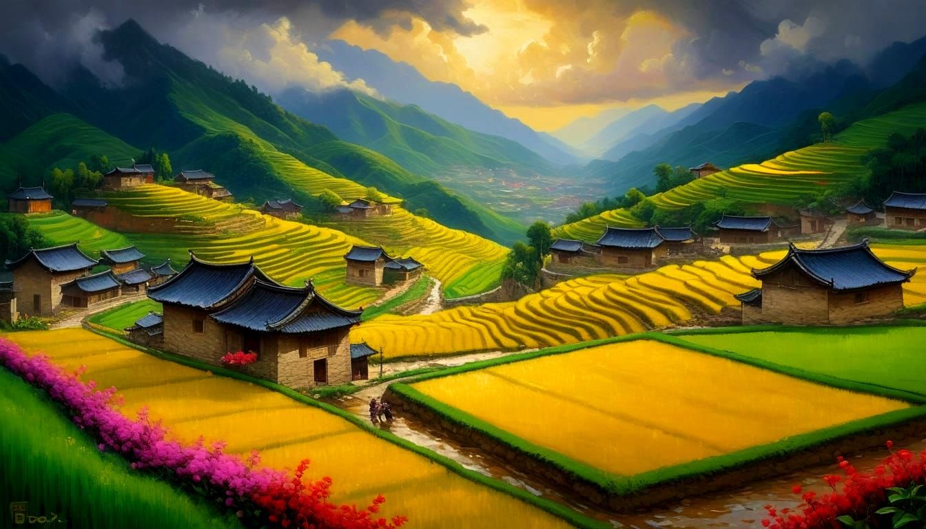 Chinese Village After Rain in Renaissance Oil Painting
