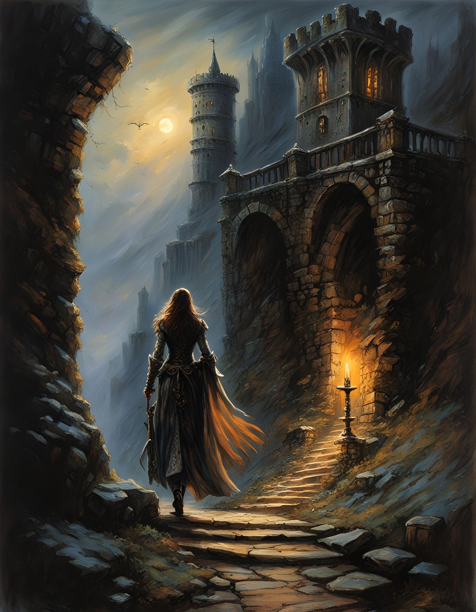 Adventurer and Crumbling Watchtower in Dark Fantasy Style