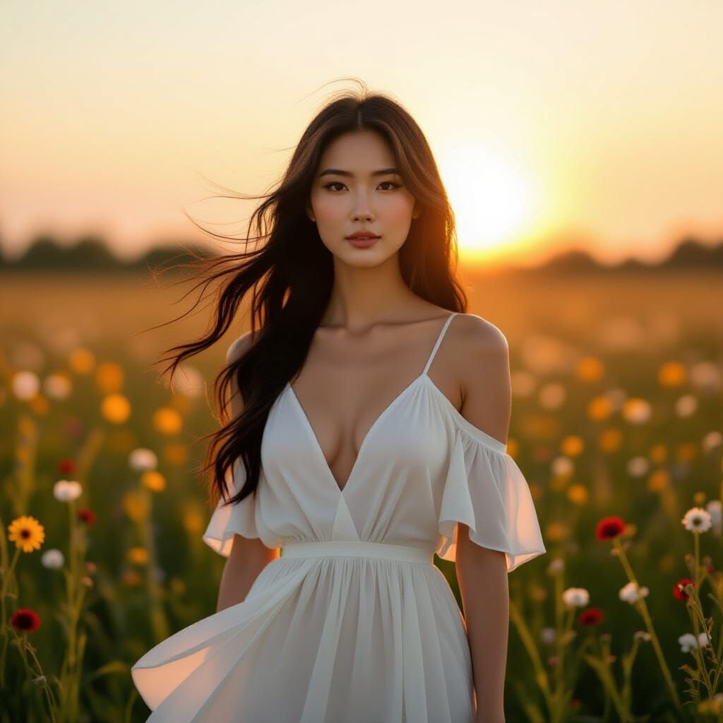 Chinese Woman in Wildflowers at Sunset: Cinematic Portrait