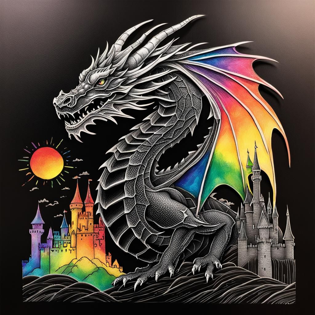 Dragon Scratch Art with Rainbow Colors and Castle