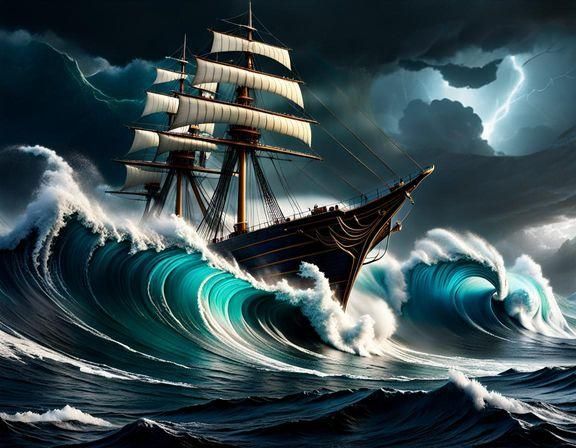 Sailship Amidst Violent Storm in Detailed Matte Painting