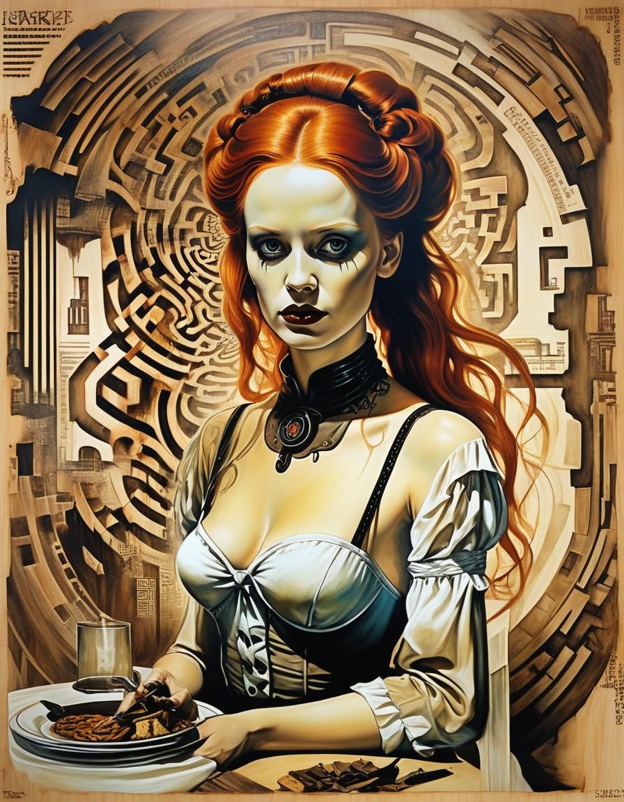 Eerie Dystopian Waitress Portrait in Glitchcore Style