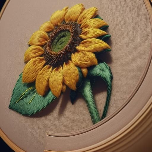 Hyperrealistic Embroidery of Sunflower in Macro Photograph