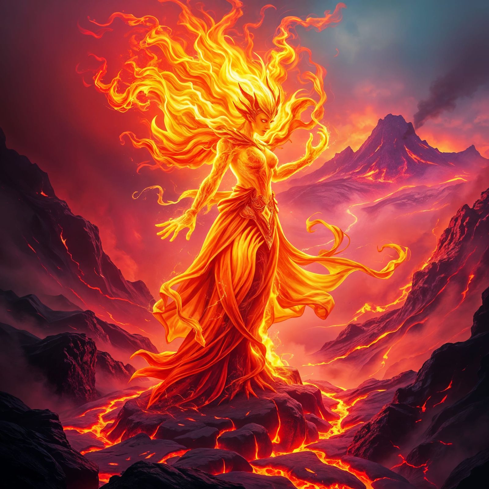 Fiery Sorceress in Volcanic Landscape: Fantasy Concept Art